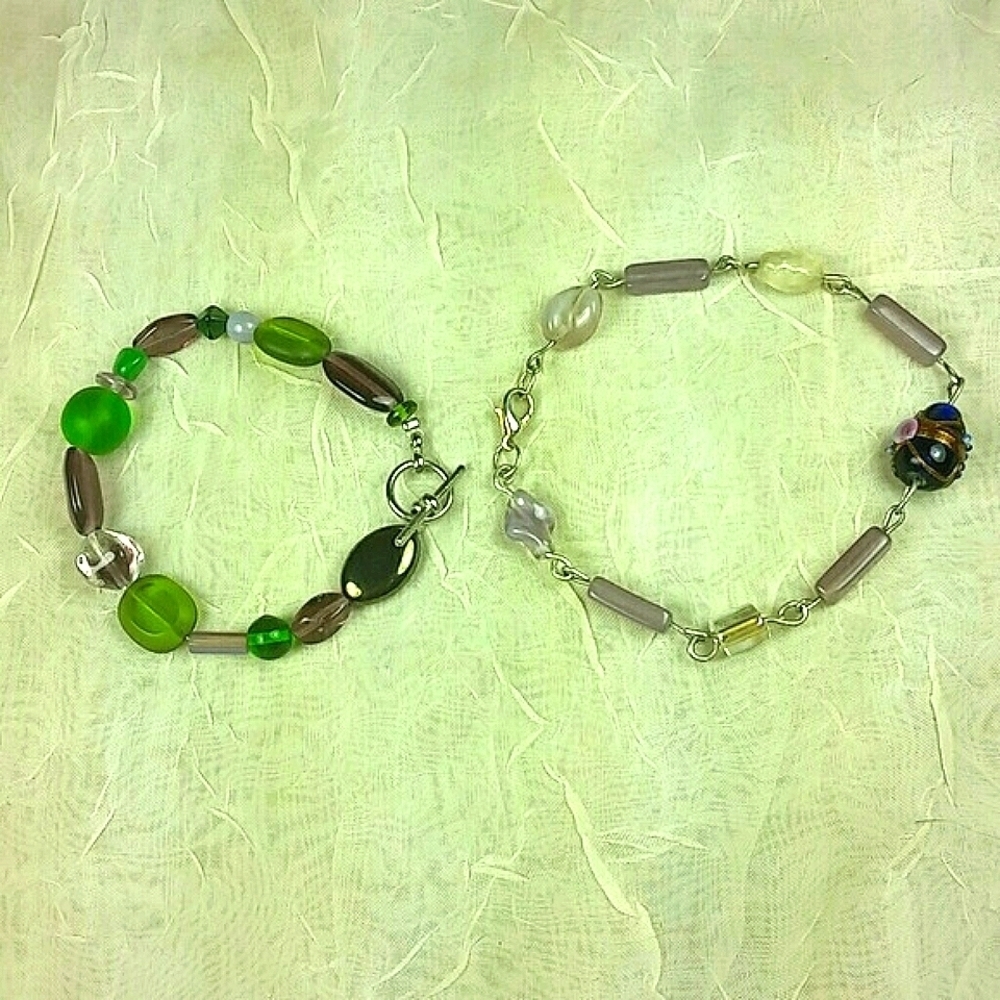 2 Artisan glass bead bracelets purple green blue